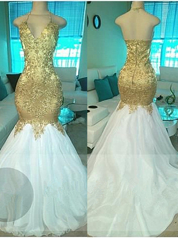 Gold Beading V-neck Halter Prom Dresses Open Back Sexy Mermaid Popular Evening Gown BA5332-MQ0027