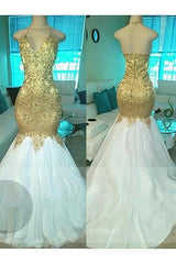 Gold Beading V-neck Halter Prom Dresses Open Back Sexy Mermaid Popular Evening Gown BA5332-MQ0027