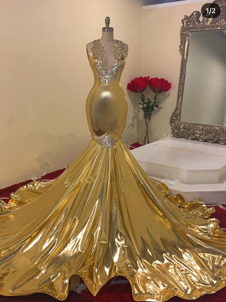 Gold Beading V-neck Sleeveless Floor-length Mermaid Prom Dresses