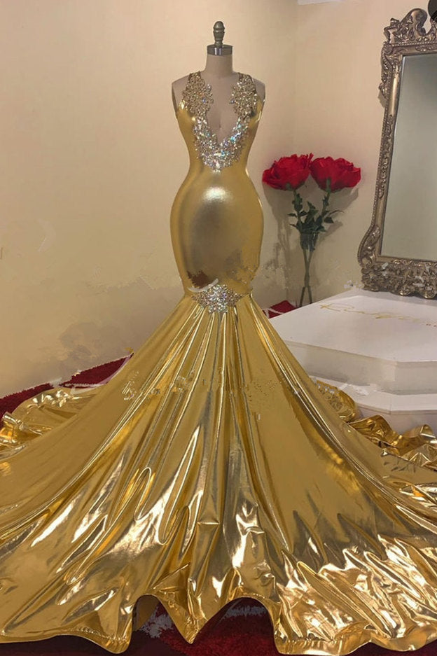 Gold Beading V-neck Sleeveless Floor-length Mermaid Prom Dresses