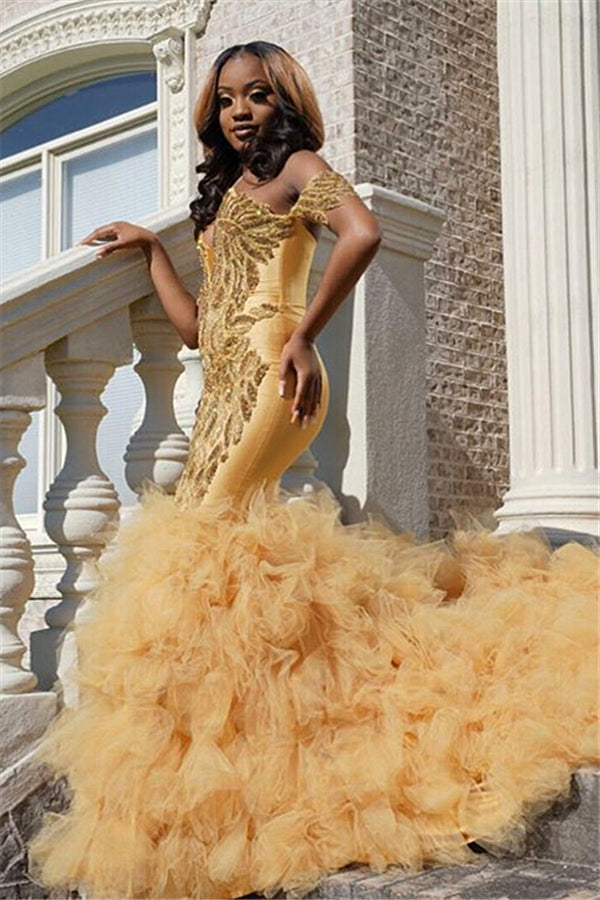 Gold Beads Appliques Mermaid Prom Dresses | Off The Shoulder Tulle Ruffles Evening Gowns