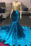 Gold Beads Appliques Prom Dresses Sleeveless Mermaid Sexy Blue Velvet Evening Gowns bc3424