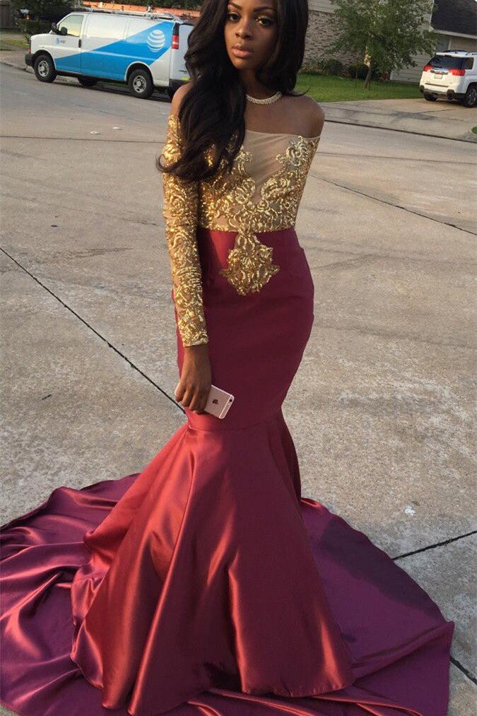 Gold Lace Appliques Off The Shoulder Evening Gowns Long Sleeve Mermaid Prom Dress CE0071