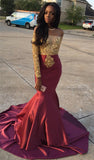 Gold Lace Appliques Off The Shoulder Evening Gowns Long Sleeve Mermaid Prom Dress CE0071