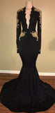 Gold Lace Long Sleeve Prom Dress | Sexy Black Open Back Mermaid Evening Dress BA7942
