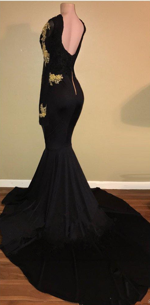 Gold Lace Long Sleeve Prom Dress | Sexy Black Open Back Mermaid Evening Dress BA7942