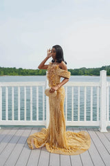 Gold Mermaid Beaded Prom Dress Tulle Formal Evening Dress with 3D Flowers