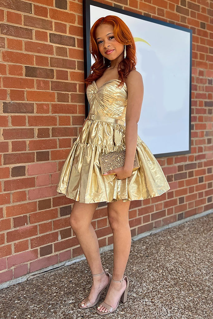 Suzhoufashion Gold Metallic A Line Homecoming Dresses Short Cocktail Dresses With Belt Suzhoufashion Gold Metallic A Line Homecoming Dresses Short Cocktail Dresses With Belt