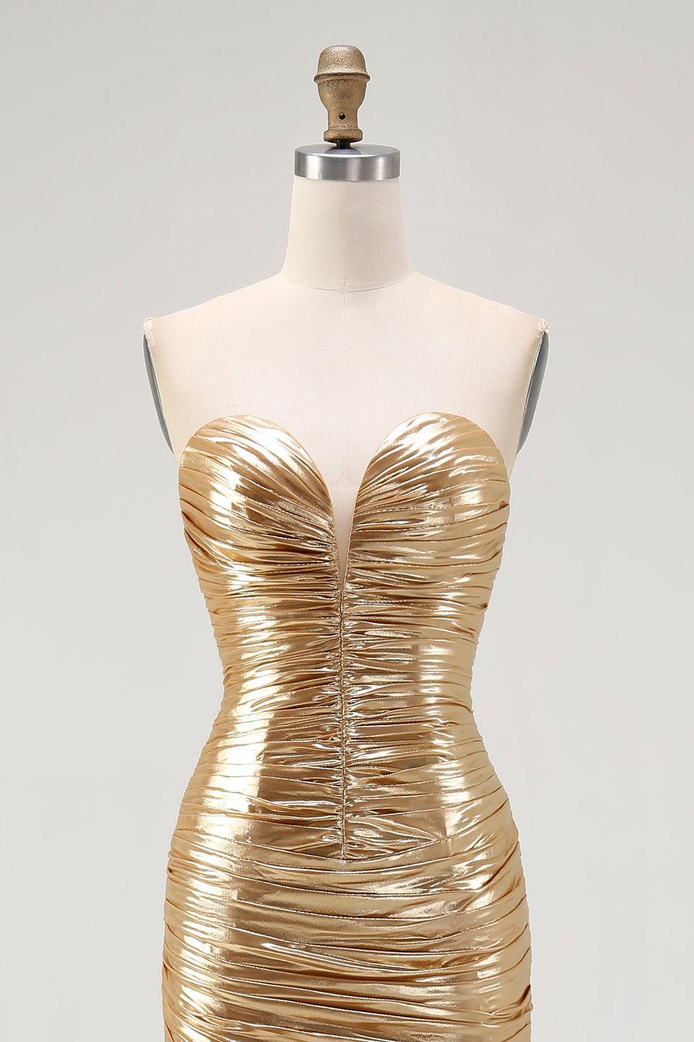 Sparkly Gold Metallic Sweetheart Ruched High-Low Cocktail Dress