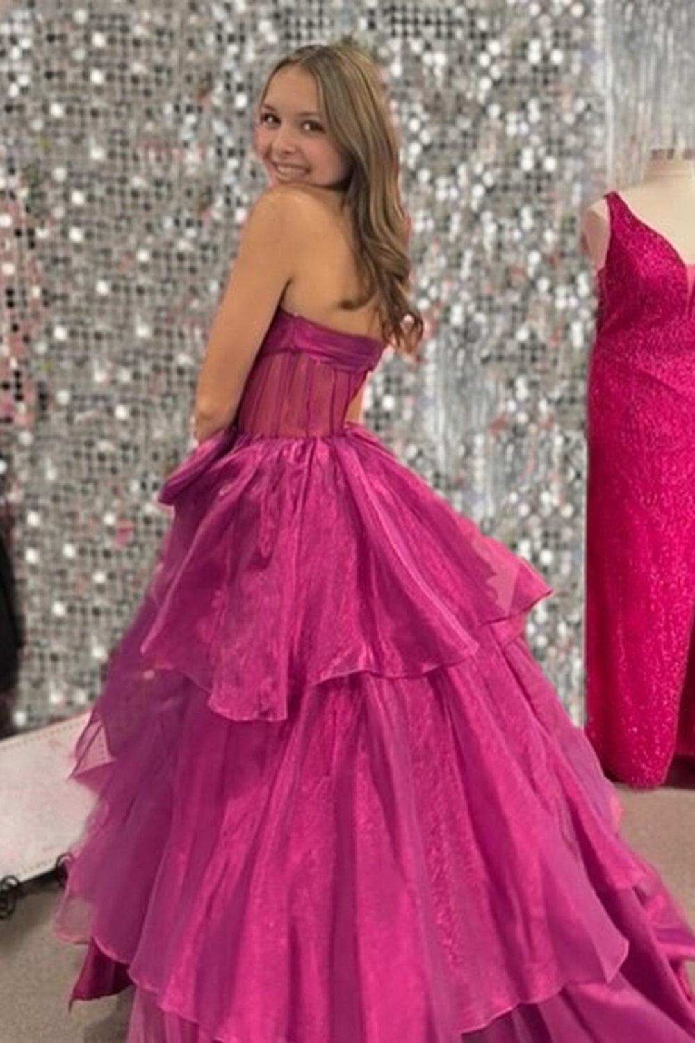 Gold Prom Dress Corset Ruffled Long Formal Dress With Bow