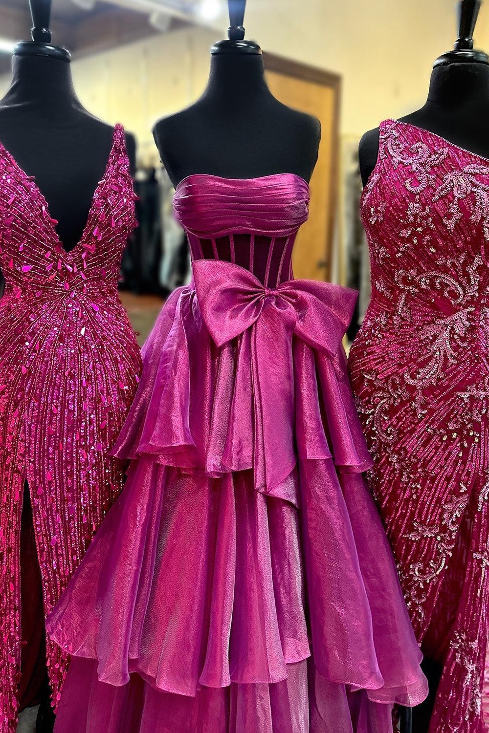 Gold Prom Dress Corset Ruffled Long Formal Dress With Bow