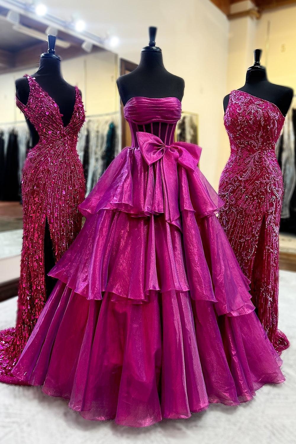 Gold Prom Dress Corset Ruffled Long Formal Dress With Bow