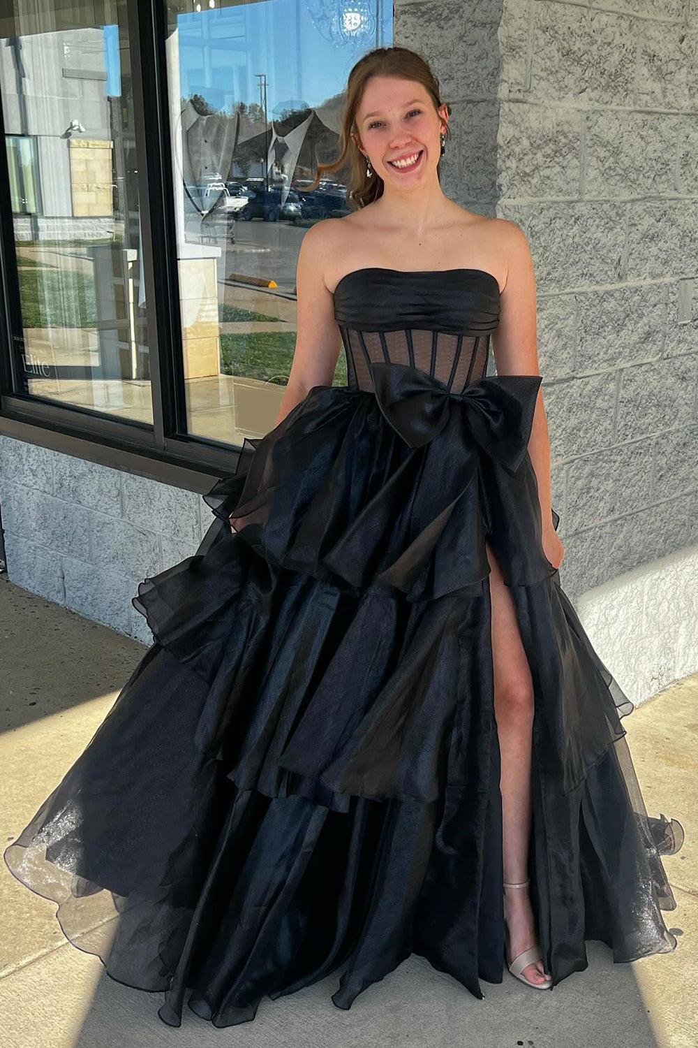 Gold Prom Dress Corset Ruffled Long Formal Dress With Bow