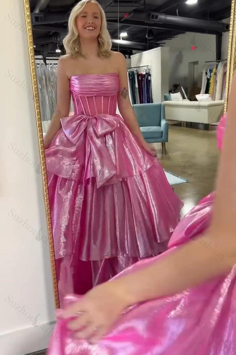 Suzhoufashion Gold Prom Dress Corset Ruffled Long Formal Dress With Bow –  suzhoufashion