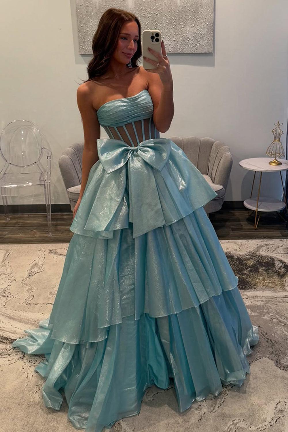 Suzhoufashion Gold Prom Dress Corset Ruffled Long Formal Dress With Bow suzhoufashion Suzhoufashion Gold Prom Dress Corset Ruffled Long Formal Dress With Bow suzhoufashion