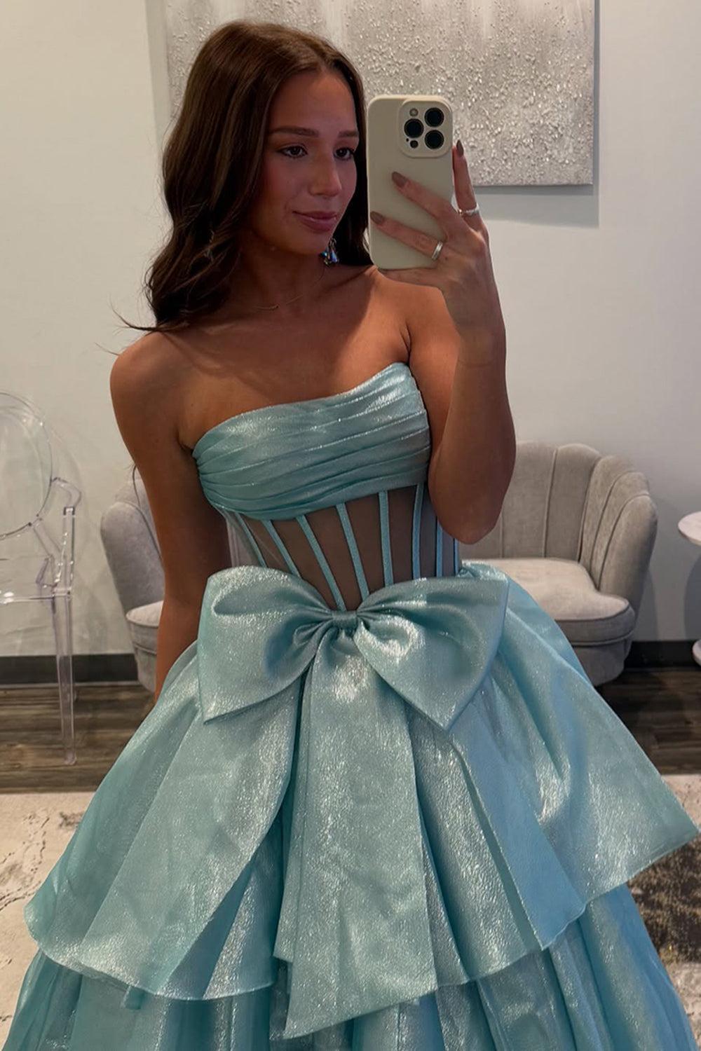 Gold Prom Dress Corset Ruffled Long Formal Dress With Bow