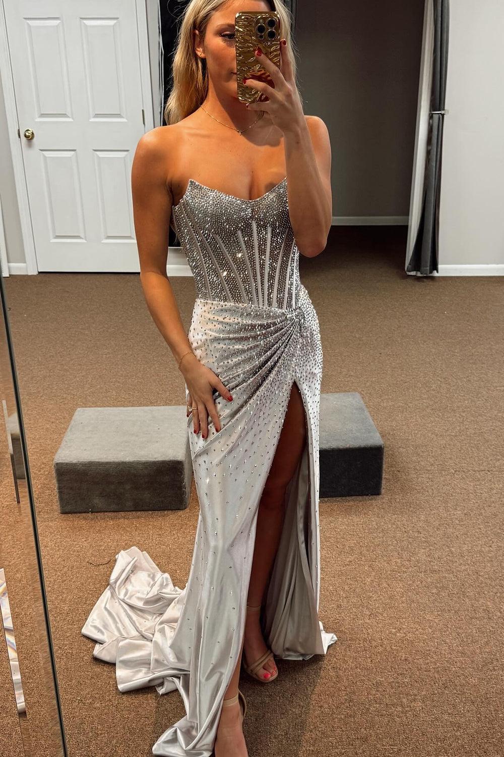 Gold Prom Dress Mermaid Corset Beaded Long Formal Dress With Slit