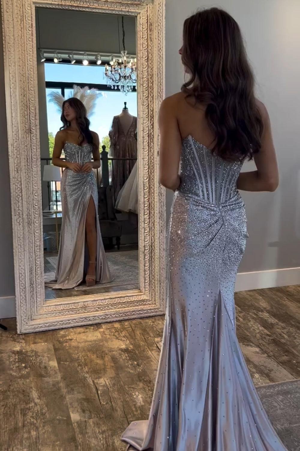 Gold Prom Dress Sheath Corset Beaded Long Formal Dress With Slit