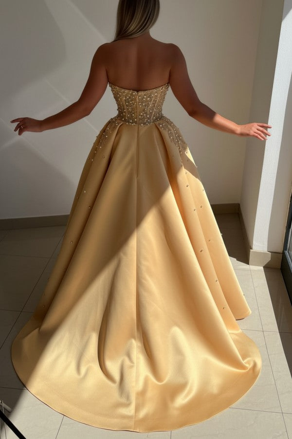 Gold Satin A Line Prom Dress with Pearl Beaded Bodice and Front Slit