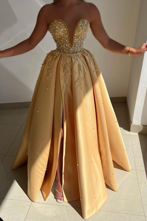 Gold Satin A Line Prom Dress with Pearl Beaded Bodice and Front Slit
