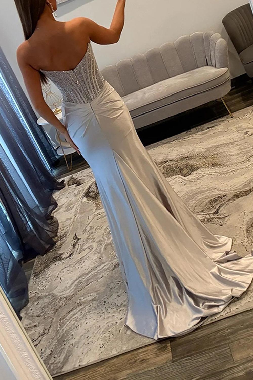Suzhoufashion Gold Satin Corset Prom Dress Mermaid Beaded Long Formal Dress With Slit