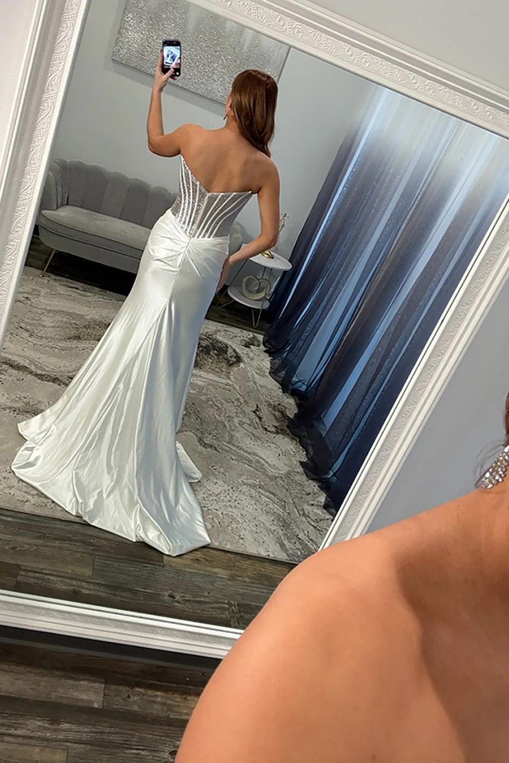 Suzhoufashion Gold Satin Corset Prom Dress Mermaid Beaded Long Formal Dress With Slit