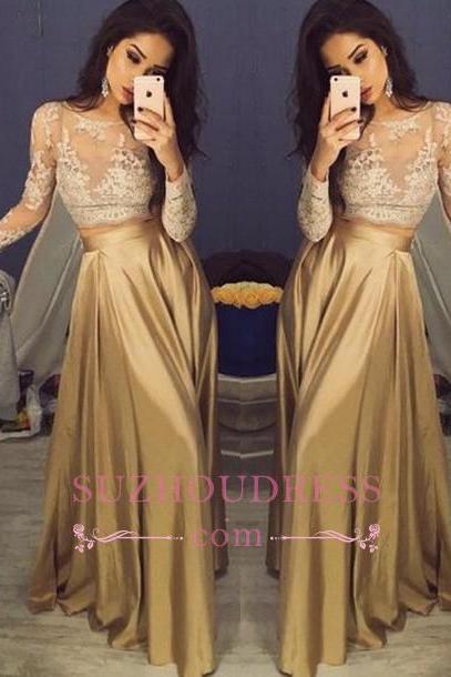 Gold Sexy Two Piece Evening Gowns Long Sleeves Lace Prom Dresses BA3993