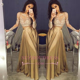 Gold Sexy Two Piece Evening Gowns Long Sleeves Lace Prom Dresses BA3993