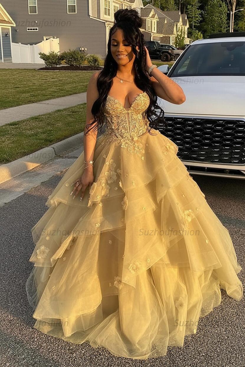 strapless open back dress Suzhoufashion Women Sage Prom Dress Floral Tiered Ruffles A-Line Sweetheart  Corset Long Formal Dress – suzhoufashion