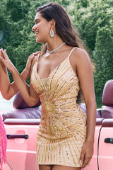 Golden Homecoming Dress Backless Spaghetti Straps Tight Short Prom Dress
