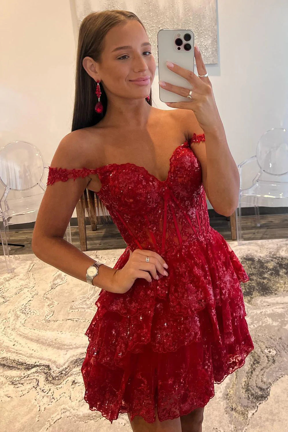 Golden Homecoming Dresses A-Line Tiered Lace Short Cocktail Dresses