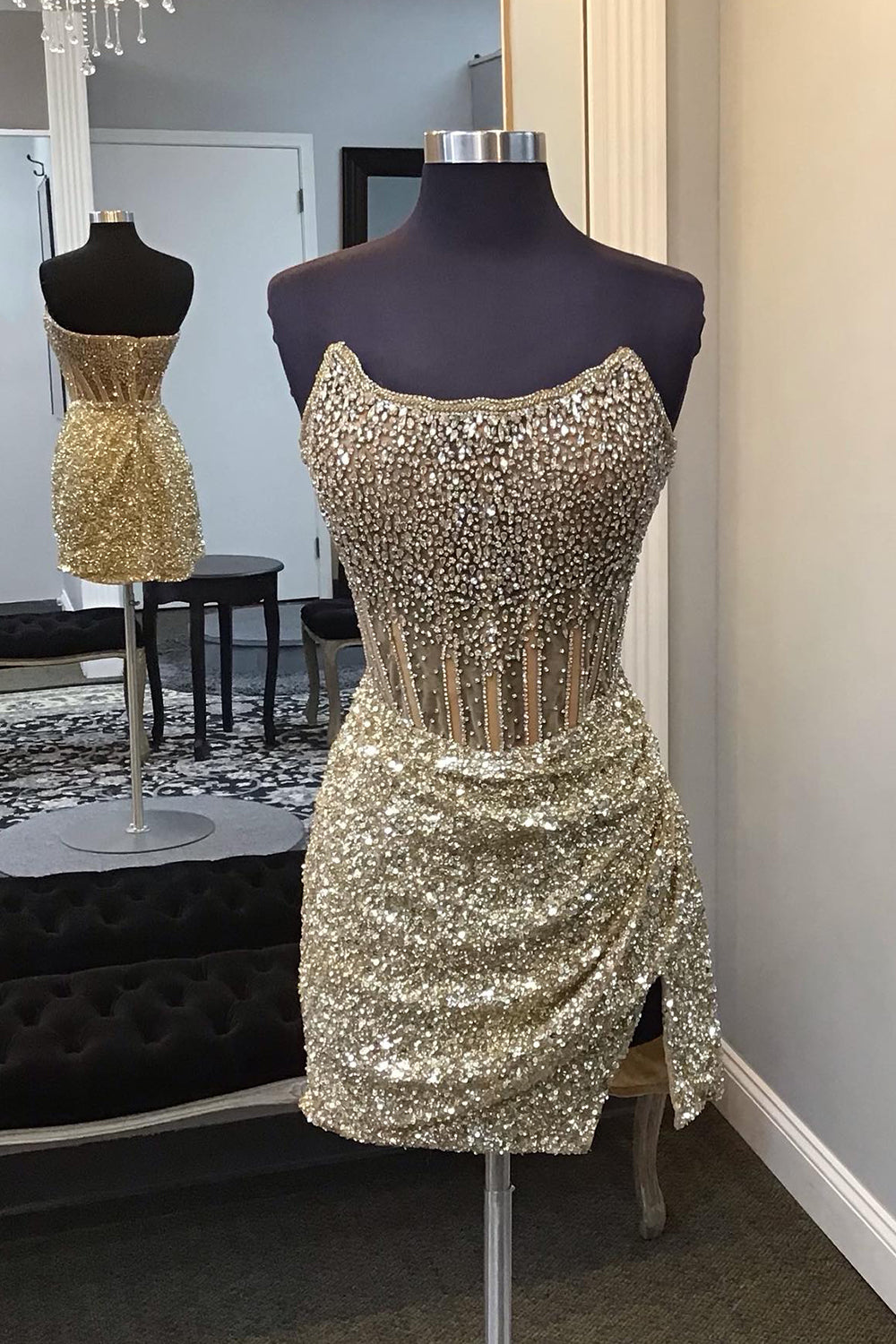 Golden Homecoming Dress Corset Beaded Strapless Tight Short Prom Dress Suzhoufashion Golden Homecoming Dress Corset Beaded Strapless Tight Short Prom Dress Suzhoufashion