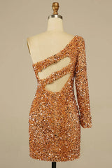 Golden Homecoming Dresses Cut Out Open Back One Shoulder Sequin Prom Dress