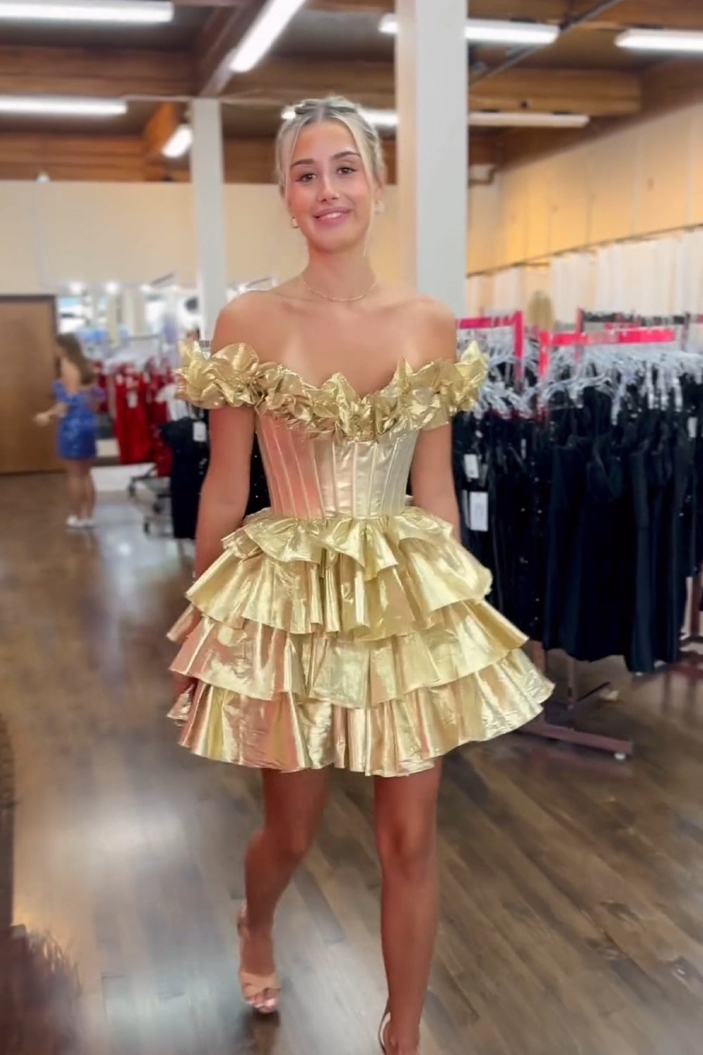 Golden Homecoming Dresses Off The Shoulder Corset Short Cocktail Dresses With Ruffles