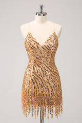 Golden Homecoming Dresses Sequined Spaghetti Straps Tight Short Cocktail Dresses With Fringes