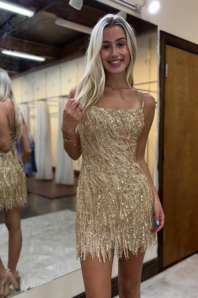 Golden Homecoming Dress Spaghetti Straps Beaded Fringed Tight Short Hoco Dress Suzhoufashion