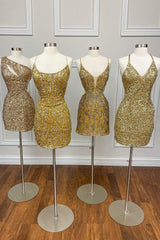 Golden Homecoming Dresses Spaghetti Straps Tight Short Sequin Prom Dress