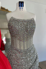 Golden Silver Homecoming Dresses Corset Strapless Tight Short Cocktail Dresses with Beading