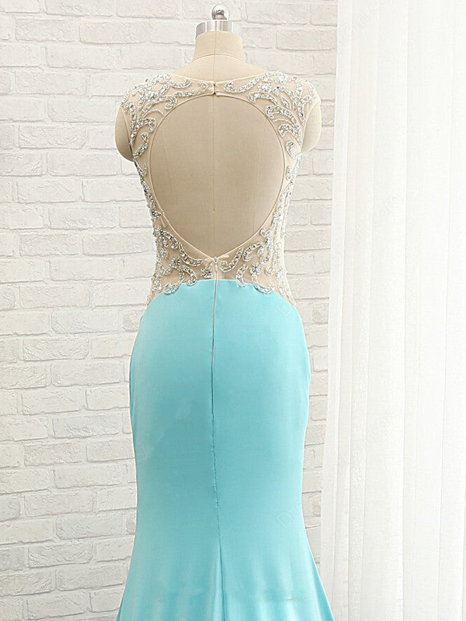 Goregeous Blue Crystal Summer Prom Dresses Mermaid Long Open Back Evening Gowns