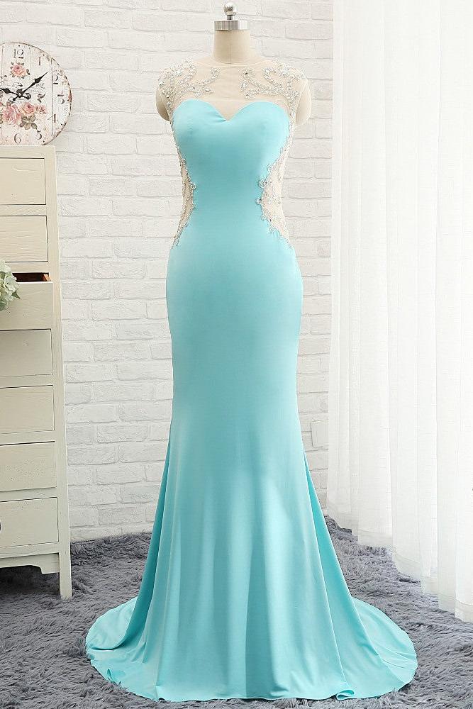Goregeous Blue Crystal Summer Prom Dresses Mermaid Long Open Back Evening Gowns