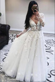 Gorgeous A-Line Tulle Appliques Wedding Dress V-Neck Long Sleeves Ruffles Bridal Gowns On Sale