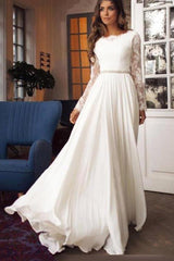 Gorgeous A-Line Wedding Dress Chiffon Long Sleeves Ruffles Bridal Gowns with Sash