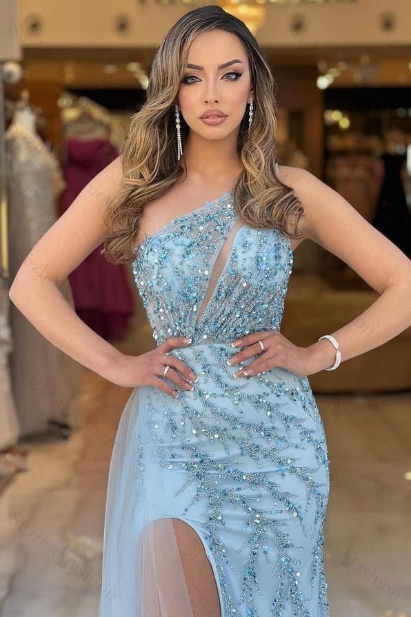 Gorgeous Baby Blue Prom Dress One Shoulder Long Mermaid Split Evening Formal Dress with Beadings