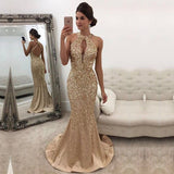 Gorgeous Backless Formal Dress Mermaid Halter Sleeveless Crystals Prom Dress BA5572