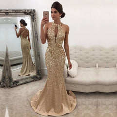 Gorgeous Backless Formal Dress Mermaid Halter Sleeveless Crystals Prom Dress BA5572