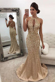 Gorgeous Backless Formal Dress Mermaid Halter Sleeveless Crystals Prom Dress BA5572