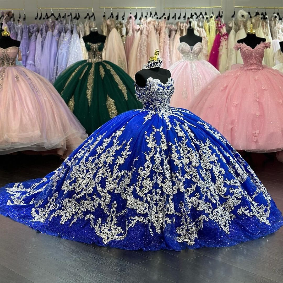 Gorgeous Ball Gown Off Shoulder Lace Appliques Beaded Royal Blue Tulle – suzhoufashion