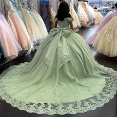 Gorgeous Ball Gown Off Shoulder Lace Appliques Sage Green Tulle Sweep Train Quinceanera Dress For Sweet 16