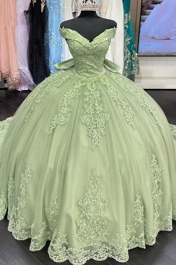 Gorgeous Ball Gown Off Shoulder Lace Appliques Sage Green Tulle Sweep Train Quinceanera Dress for Sweet 16