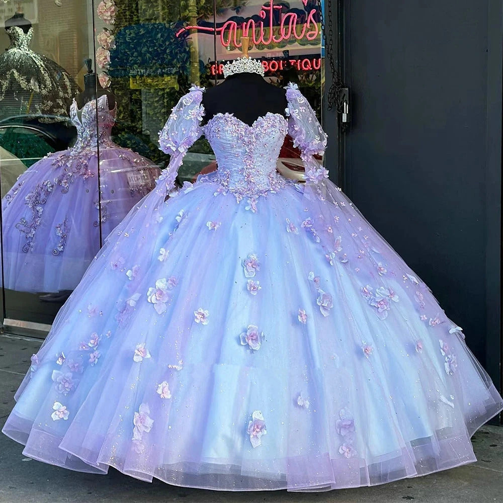 Gorgeous Ball Gown Sweetheart Neck Detachable Sleeves 3D Flower Appliques Beaded Princess Lavender Tulle Quinceanera Dresses For Sweet 16